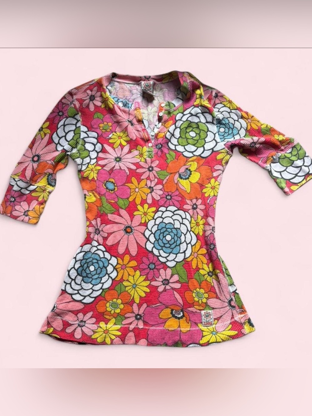 Lucky Brand Pink Floral Long Sleeve Henley Top